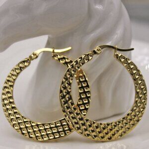 18K Yellow Gold Filled Faceted Texture Diamond Cut Hoop Dangle Earrings Gorgeous
